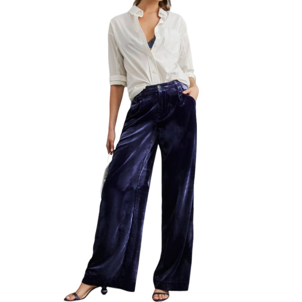 Anthropologie Wide Leg Velvet Trousers Pants Size 6 Tall Blue - Picture 1 of 9